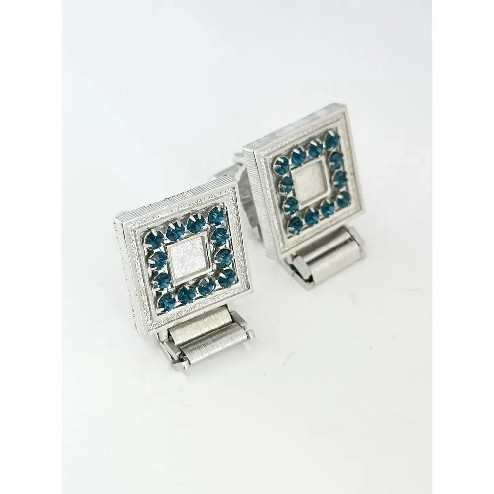 Vintage Swank Cufflinks Silver Tone Square blue rhinestones Retro Man